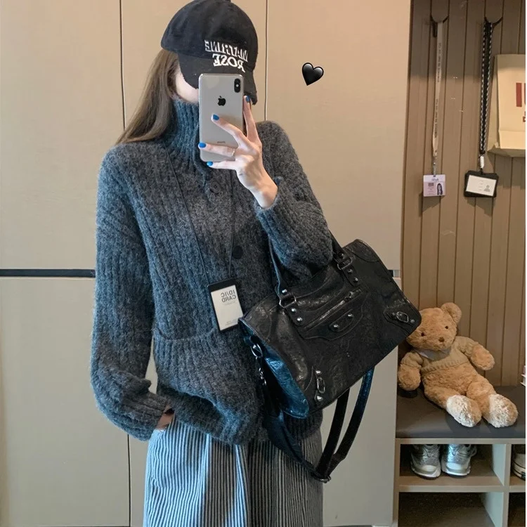 

Women's Thiened Knitwear Coat Chic Stand Collar Autumn Winter New Sle Korean Version Large Size Striped Slimming Top