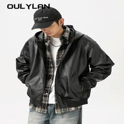 2024 Fall New Structure Splicing Design Function Loose Hooded Leather Jacket Retro Leather Jacket for Men