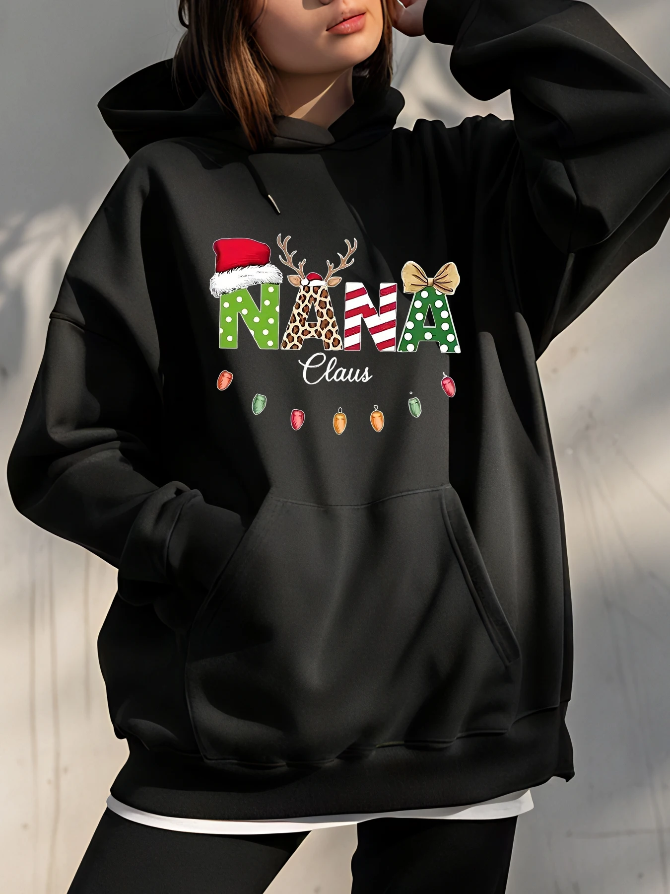 Christmas Nana Claus Hoodie with Reindeer and Lights Print Women Casual Winter Sweatshirt