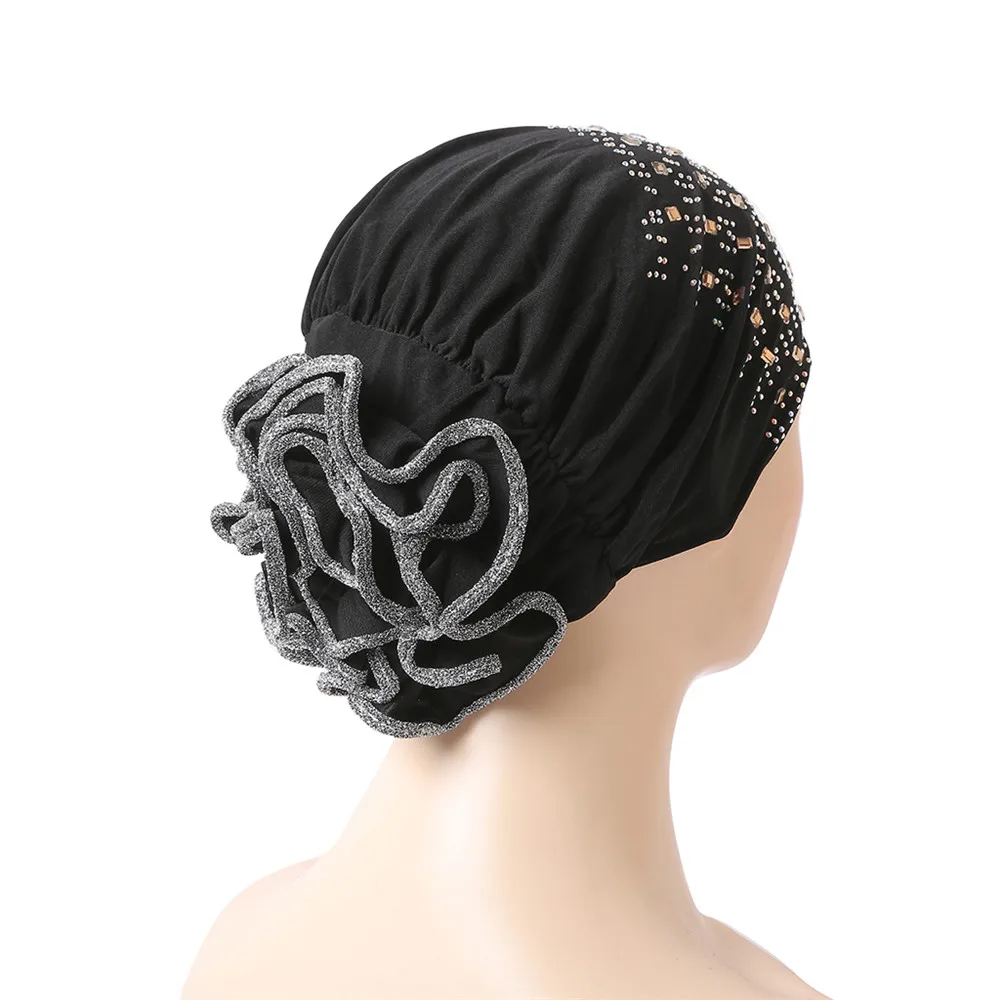 Gorro de quimio Hijab musulmán para Mujer, Turbante árabe, gorro de flores con diamantes de imitación, gorro debajo de la bufanda, envoltura para la cabeza, cubierta islámica para Mujer