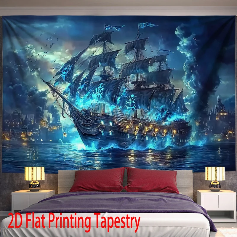 Pirate Ship Tapestry 2D Digital Print Polyester Wall Hanging Living Room Bedroom Office Studio Decor with Hooks