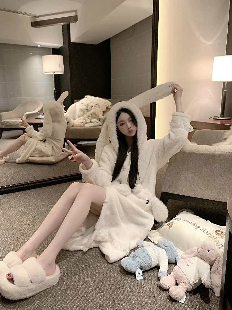 2025 Autumn Winter New Thickened Warm Coral Fleece Hooded Nightgown Comfortable Skin-friendly Soft Outdoor Loungewear