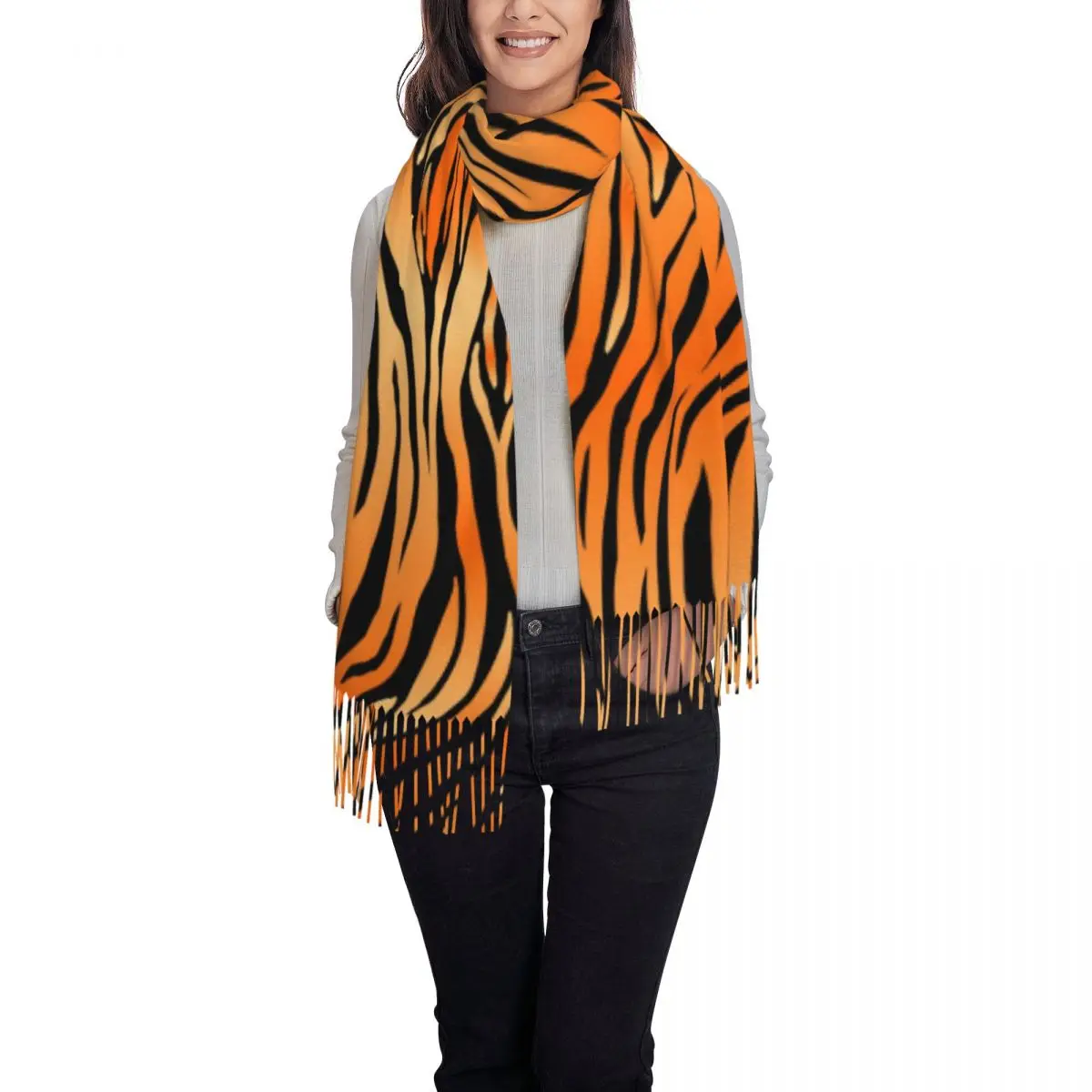 Women Scarf Abstract Tiger Skin Print Winter Shawls Thin Wrap Lady Tassel Warm Scarves Hairy Bufanda Stole