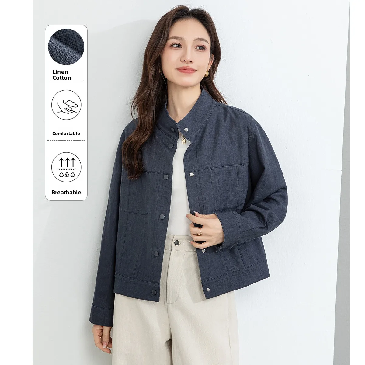 

Casual Linen Cotton Jaet Outerwear Women's Spring Slimming Loose Long Sve irt Commute Versatile Simple Sle