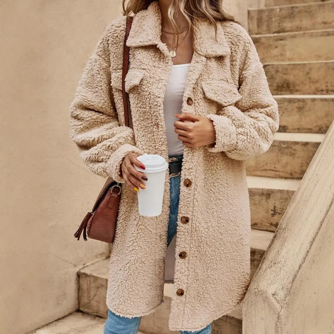 معطف نسائي طويل مفتوح بأزرار وطية صدر السترة من ألياف البوليستر الناعمة متوسط الطول لون نقي ملابس خارجية شتوية معطف نسائي Faion