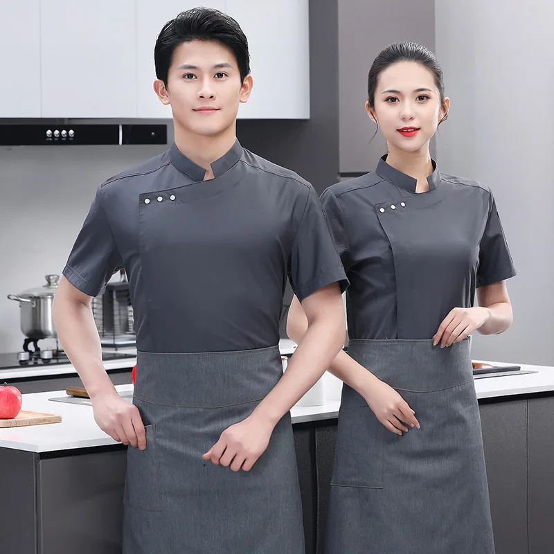 

Chef Overalls Men's Short-Sleeved Summer Hotel Staff Catering Restaurant Kitchen Clothes Canteen Restaurant Chef Workwear