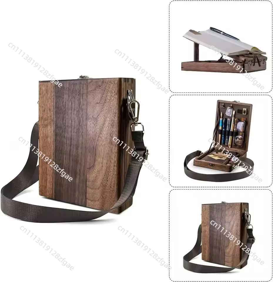Wooden Crossbody Storage Box, Chinoiserie Retro Messenger Bag, Multifunctional Wooden Case for Shoulder Hand Carry, Writer Style