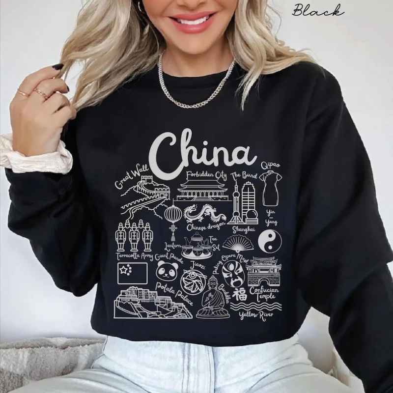 

Китайские достопримечательности, зимняя толстовка унисекс с круглым вырезом, модный пуловер с каракулями, китайский подарок для путешествий, сувенир, одинаковая толстовка в Пекине