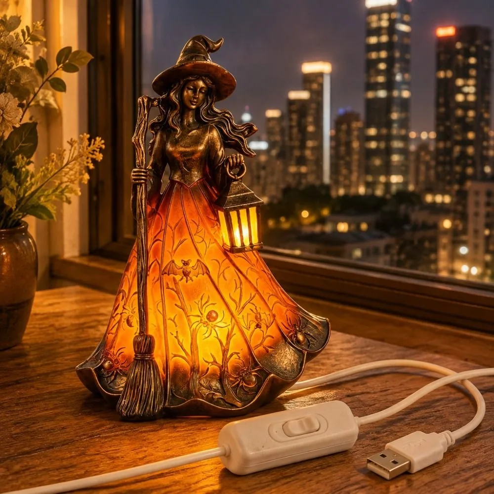 18cm Halloween Witch Lamp Standing Design Holding Lantern Broomstick Witch Statues Scary Funny Holiday Decorative Lamp