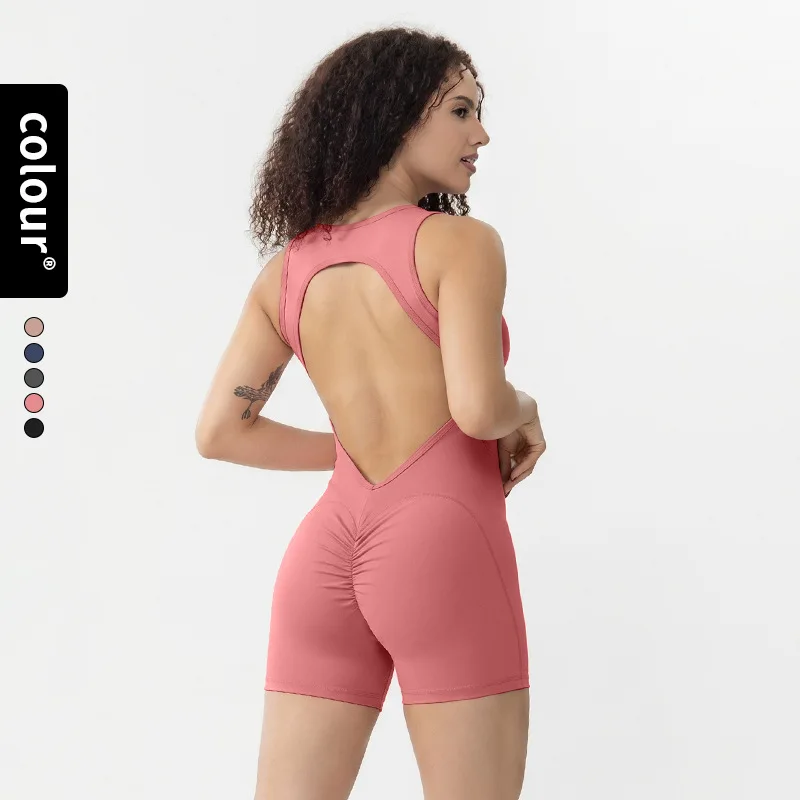 Halter Backless Hollow Women Yoga Jumpsuit Integrated Chest Pad Push Up Slim Bodysuit Sleeveless Fitness Workout Bodysuit