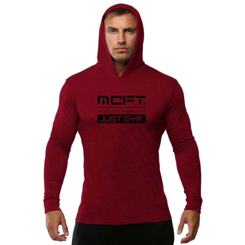 

Mens New Brand Autumn and Spring Bodybuilding Fitness Workout Pullover Slim Fit Cotton Fashion Casual Hooded T-Shirt Male