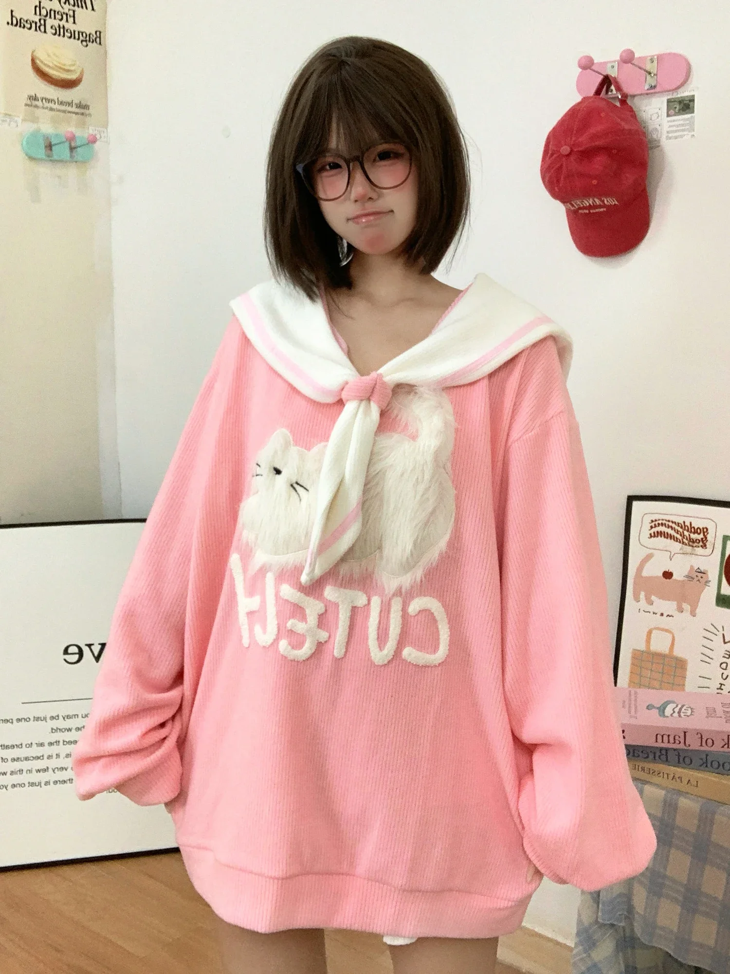 Stitch Cat Graphic Sweatshirt Sailor Neck Loose Hoodies student women cute pullover kawaii y2k top oversized aesthetic grunge