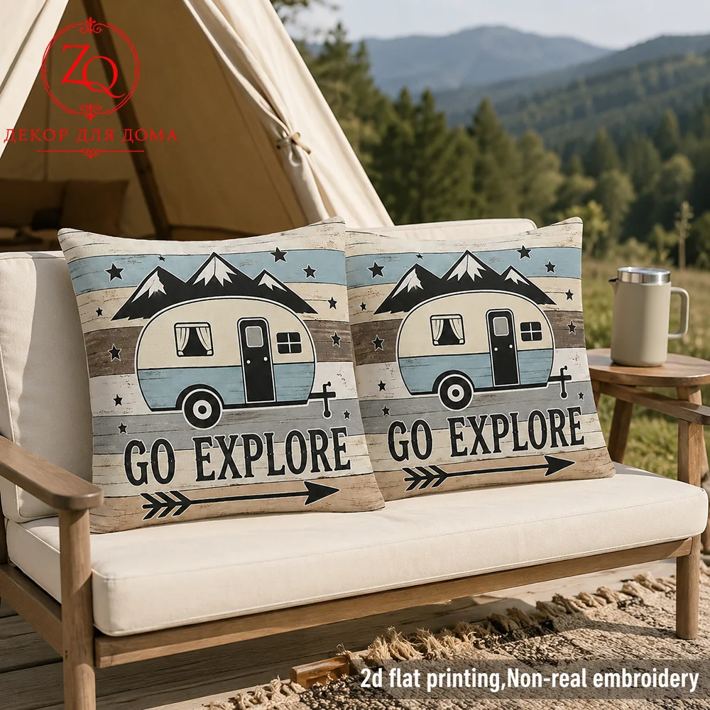 Camping Pillow Covers Retro Go Explore Camper Trailers Mountain Star Decorative Throw Pillow Cases Soft Velvet Square Cushion