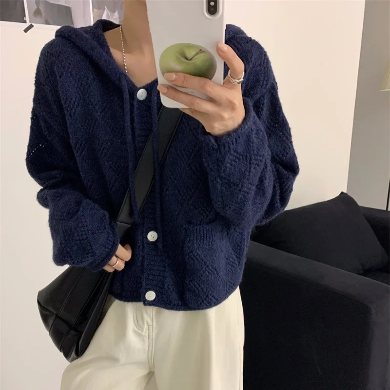 Cardigan da donna con cappuccio lavorato a maglia vestibilità ampia Ins delicato ed elegante stile coreano scava fuori tutto-fiammifero Harajuku autunno capispalla alla moda accogliente