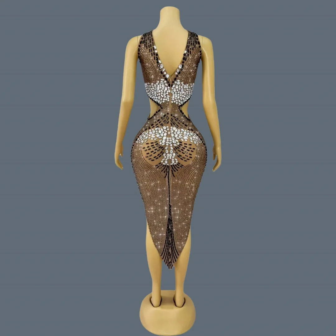 ハイエンドキラキラクリスタルシアーブラウンメッシュ非対称ドレス女性のセクシーなハイサイドスリットミニドレスナイトクラブパーティードレス Zungui