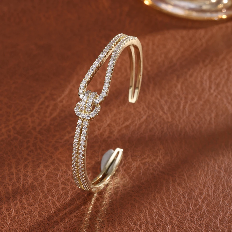 ZAKOL Classic Knotted Niche Design Micro-Inlaid Zircon Open Bracelet Ring for Women Exquisite Wedding Party Jewelry