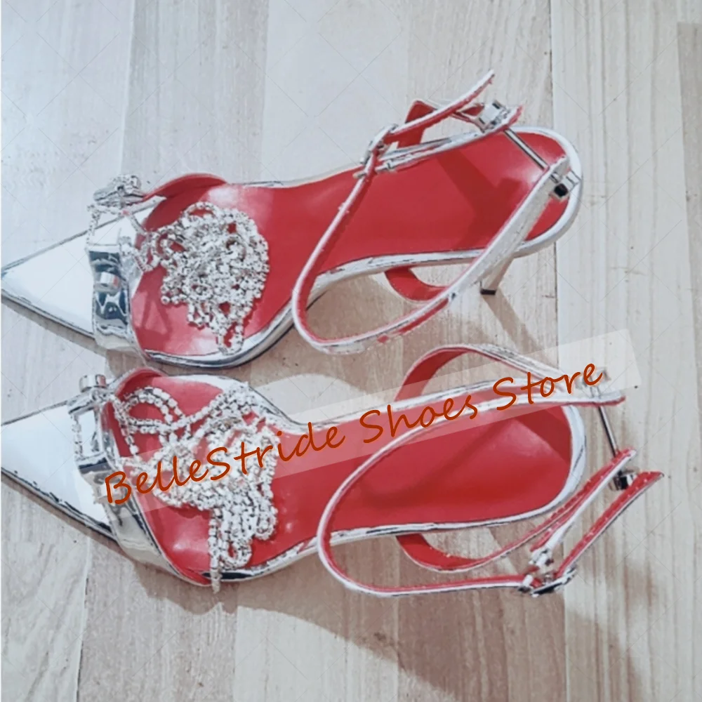

Silver Pointed Toe Chain Decor Sandals Buckle Strap Women Shoes Stilettos High Heels Party Banquet Dating 2025 Zapatos Para Muje
