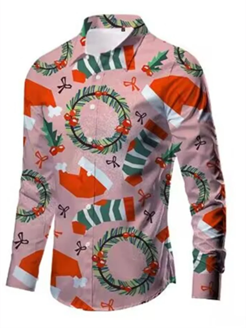 New Year Christmas Pattern Popular Hawaiian men's Shirt Long Sleeved Autumn Elements 3D Printed Fashionable Casual Loose Top