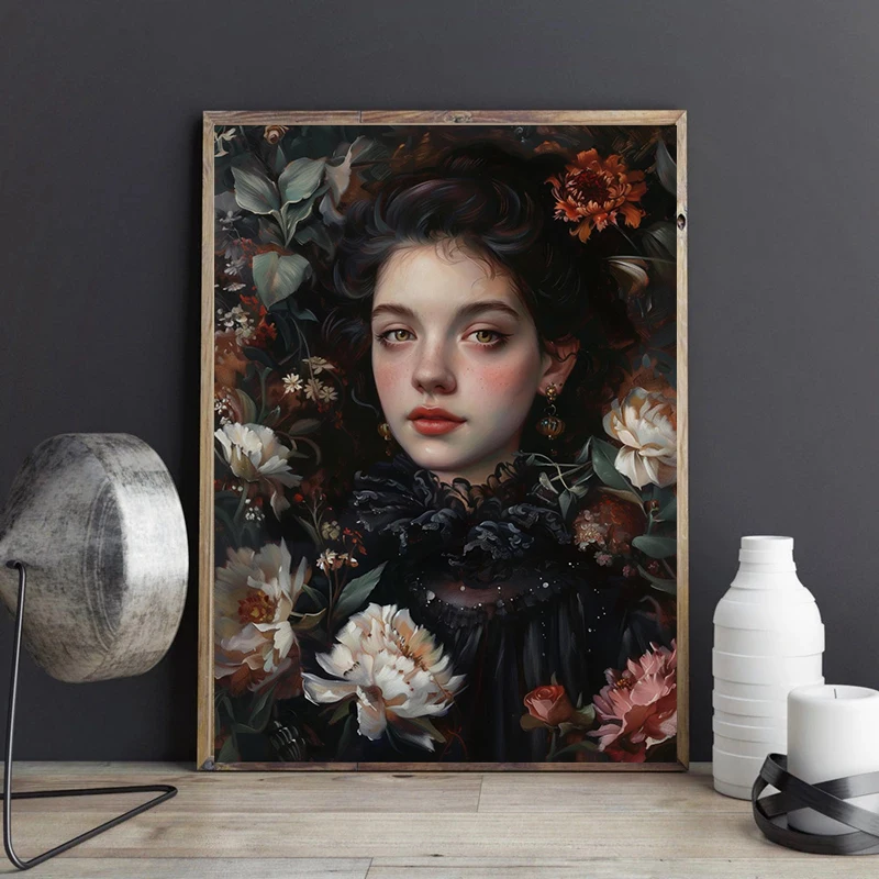 Gothic Princess Raven Blindfolded Rose Victorian Woman Skull Portrait Poster Canvas Painting Print Dark Academia Home  Decor - view 2