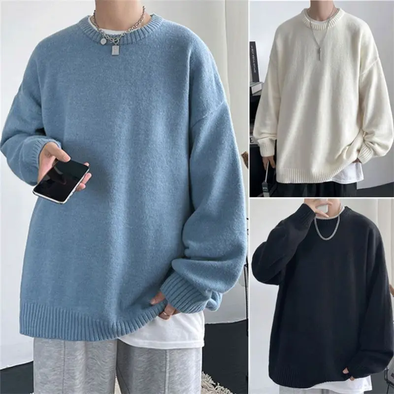 

Knitted Warm Sweater Men Crewneck Sweater Men's Loose Casual Pullovers Bottoming Autumn Winter New Solid Color Pullovers X29