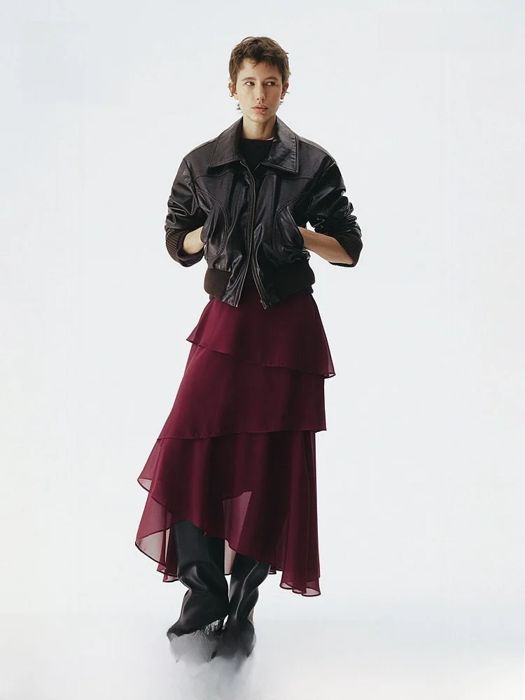 

Spring New Arrival Women's Layered Chiffon Skirt High Waist Gathered Hemline Polyester Fiber Casual Sle H&M Skirt