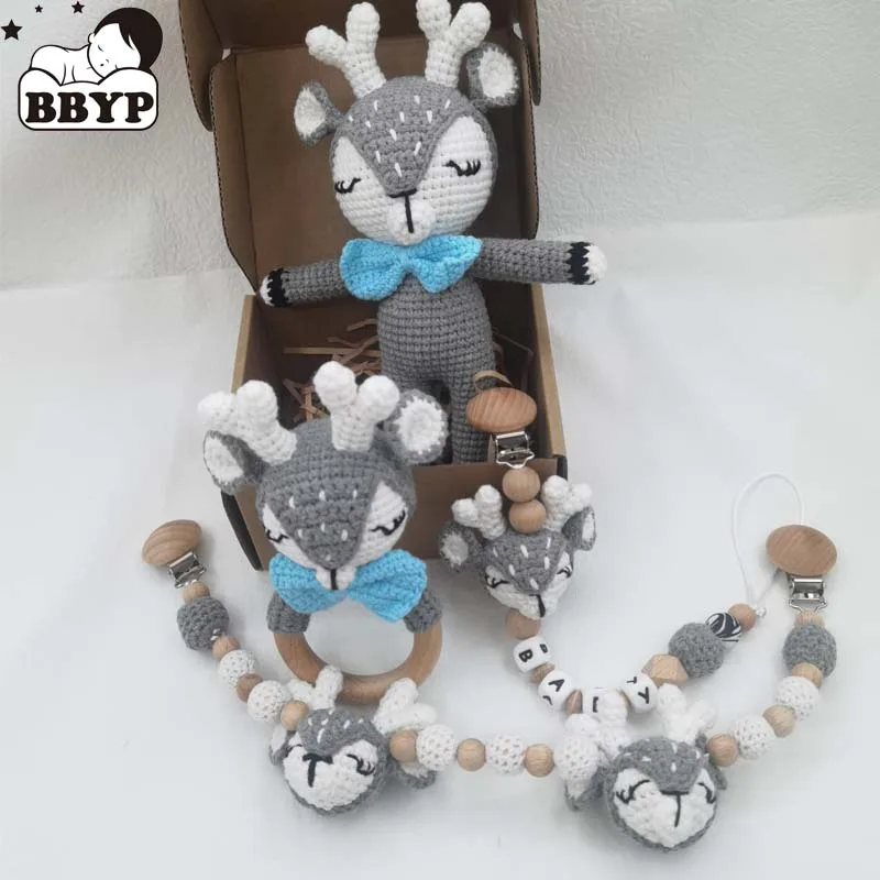 신생아 모바일 체육관 교육 반지 젖니 장난감, 아기 만화 엘크 아기 나무 반지 딸랑이 크로셰 울 장난감, 맞춤형 젖꼭지 Ch 