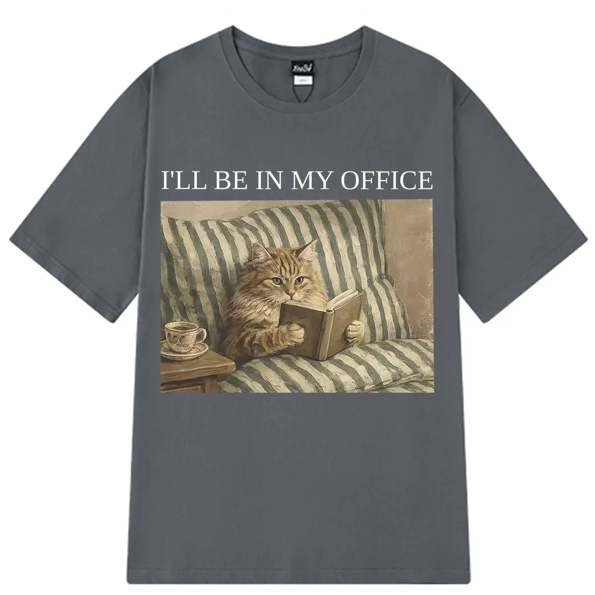Ill Be in My Office Cat Funny Book Lover Vintage Cat Tshirt Men Women Fashion T-shirt Summer Short-sleeved Loose Casual T-shirts