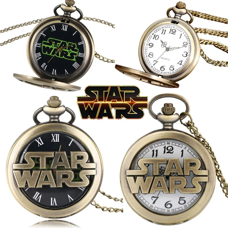 Star Wars Anime Carved Quartz Pocket Watch Roman Numeral Necklace Pendant Gift for Women Man with Fob Antique Chain Clock Chain