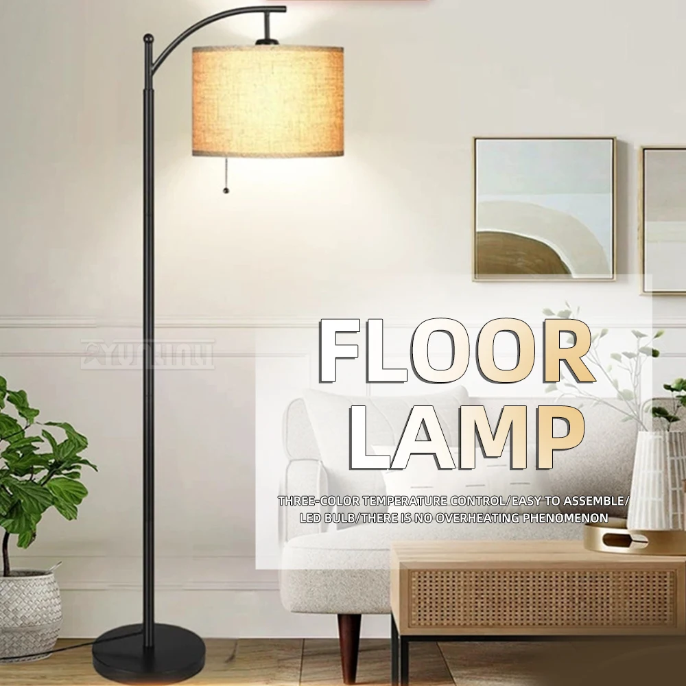 レトロヴィンテージledフロアランプ、リビングルームと寝室用のプルチェーンスイッチ付きスタンディングライト、3色調光可能なスタンディングライト