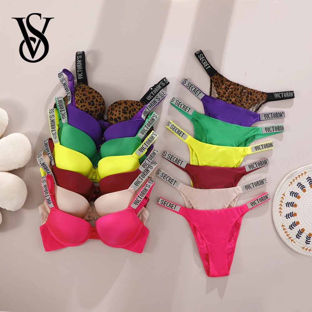 Victoria Secret Very Sexy Logo Shine Strap Push Up Bra Shine Script Thong Panty Set Women Sexy Lingerie Hot