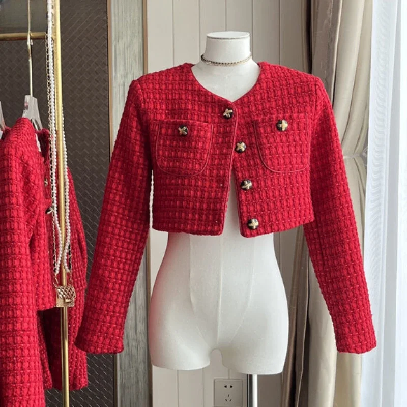 

Chic Autumn Winter Red Woolen Short Jacket Coat Sweet Fashion Women O Neck Single Breasted Tweed Weave Cropped Tops B94