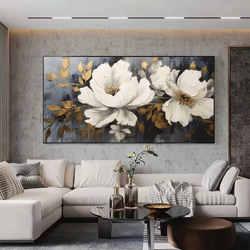 

Abstract Two White Flowers Painting On Canvas,Wall Art Golden Leaf Floral Poster Picture,Living Room for Home Decoration Cuadro