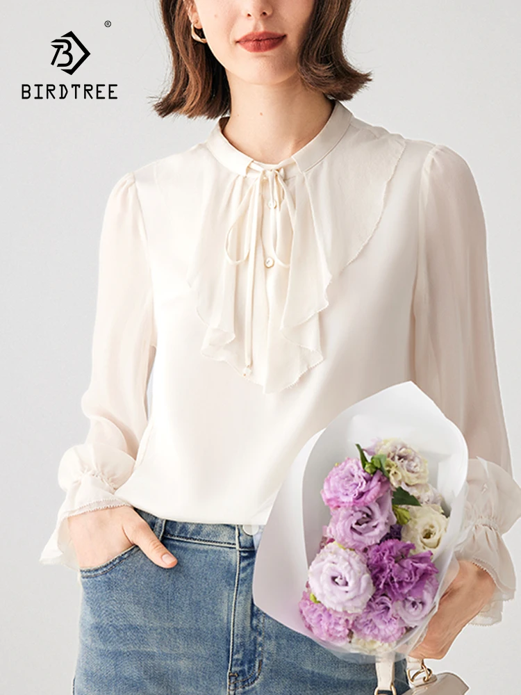 

Birdtree 6A 90%Mulberry Silk French Elegant Shirt Women's 2023 Autumn New White Versatile Long Sleeve OL Commuting Top T3N535QC