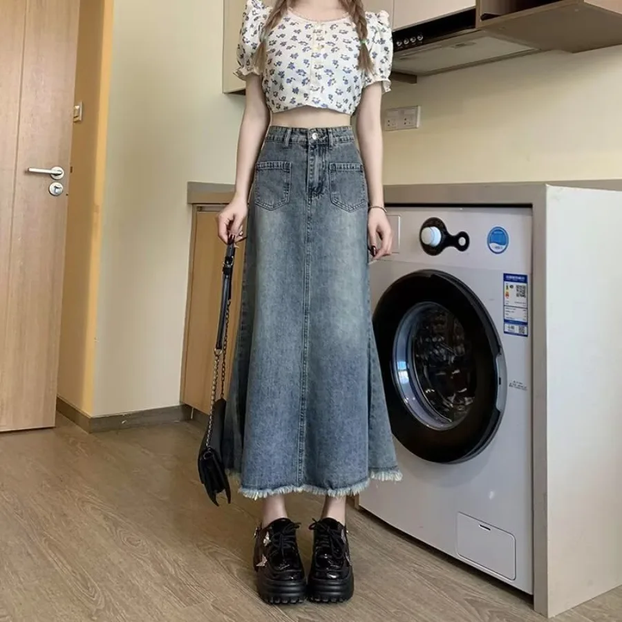 

【HOT】French retro denim bust skirt women's autumn new high waist small figure thin fur edge medium-long fishtail skirt