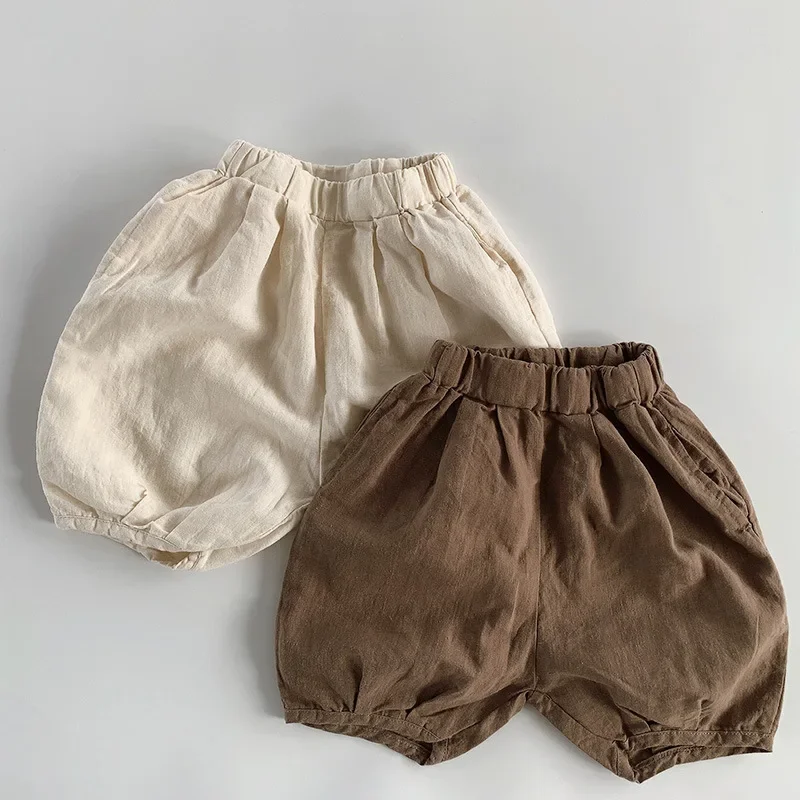 Summer Toddler Boys Girls Shorts Solid Linen Cotton Knee Length Casual Loose Half Pants Bloomers for Kids