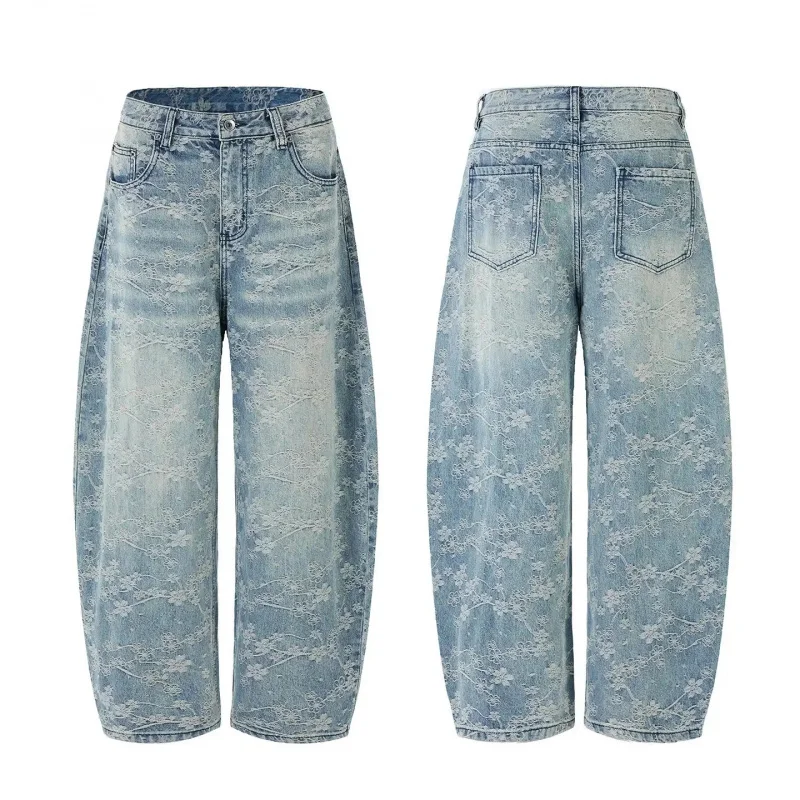 

2026 Men's American Street Style Jacquard Denim Jeans Y2K Fashion Trend Vintage Retro Loose Wide Leg Casual Pants Versatile Stre