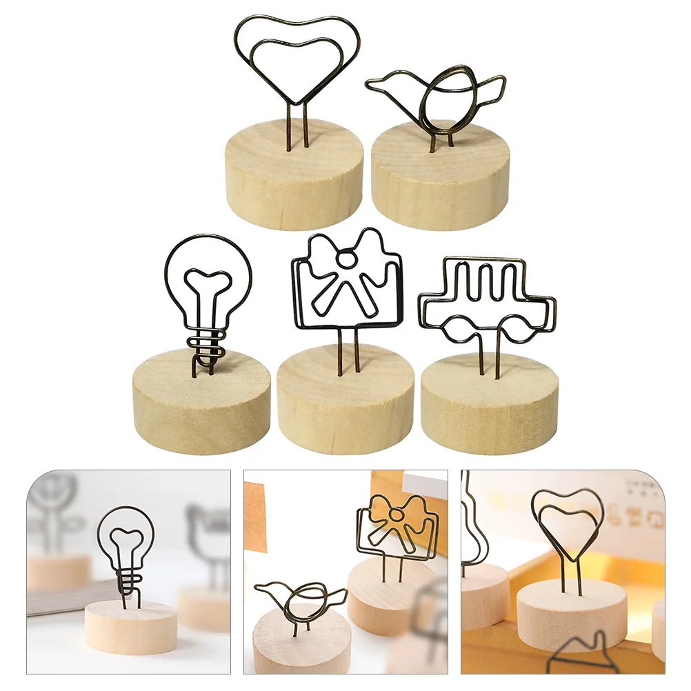 

5 Pcs Card Wooden Base Memo Holder Table Picture Stands Place Office Menu Clips