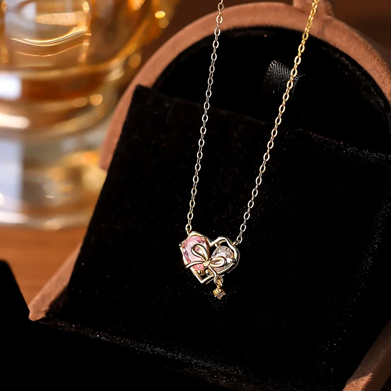 JYJIAYUJY 100% Whole Original Sterling Silver S925 45CM Necklace Chain Pink Zircon Heart Shape Fashion Woman Jewelry JYN114