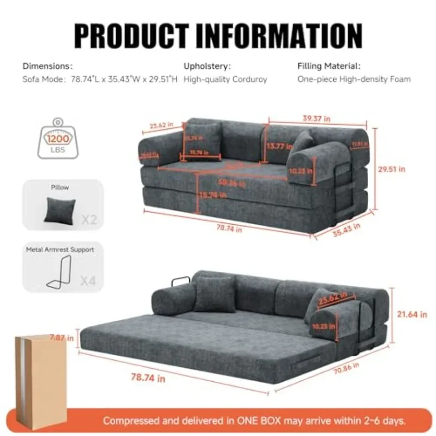 79 Memory Foam Sofa Bed for Living Room, High-Density Foam and Polyester Fabric, Gray, Converts Easily from Sofa to Bed with Re