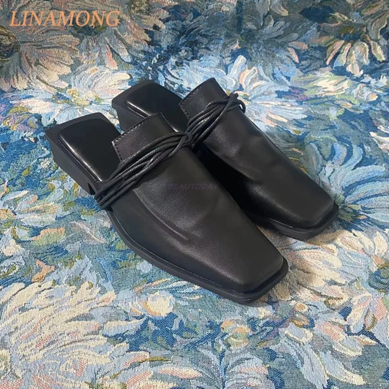 Square Point Mule Slides Soft Matte Leather Multi Twisted Front Wrap Bands Slip Construction Tiny Solid Block Heel Daily Shoes