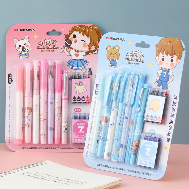 15pcs/set Erasable Fountain Pen Nib Ink Pens Children Practice Calligraphy Pen Pink/Blue Pen Convenient Stationery Korean Style