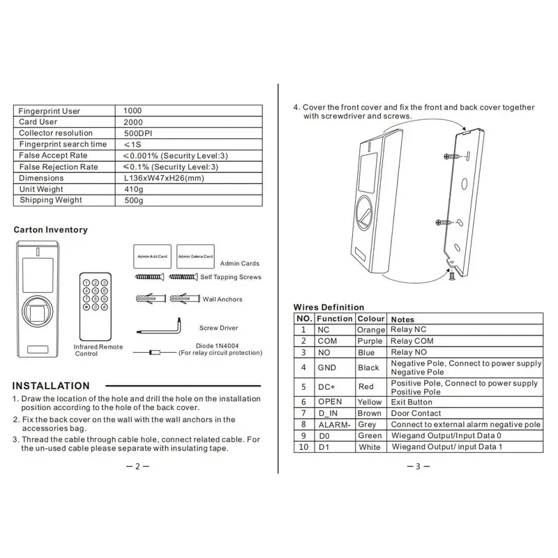 IP65 防水生体認証指紋アクセスコントローラ 2000 カードユーザー 1000 指によるアクセス制御 RFID 125khz リーダーオープナー