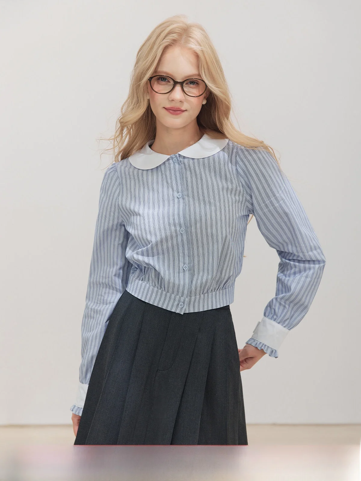 

Blue ort Striped Long Sve irt Women's Faion Doll Collar Slim Design oulder Level Top Autumn Season Cotton Blend