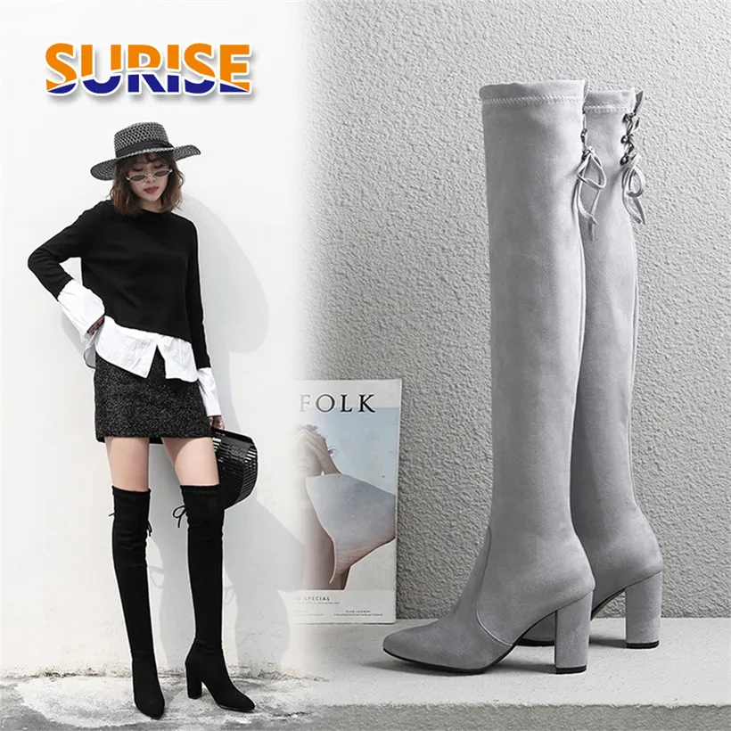 

Plus Size Winter Women Stretch Thigh High Boots 8cm Chunky Heels Black Grey Flock Pointed Toe Sexy Slip-on Long Over Knee Boots