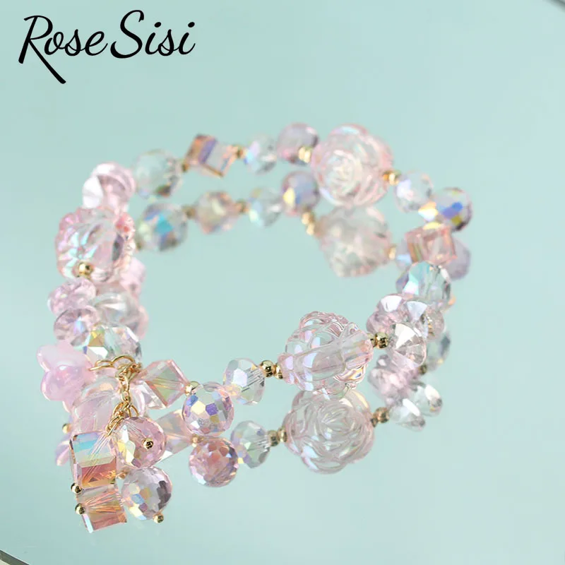 Rose sisi Korean style fresh holiday Crystal bracelet for women rose charm jewelry for women elastic hand rope Campanula pendant