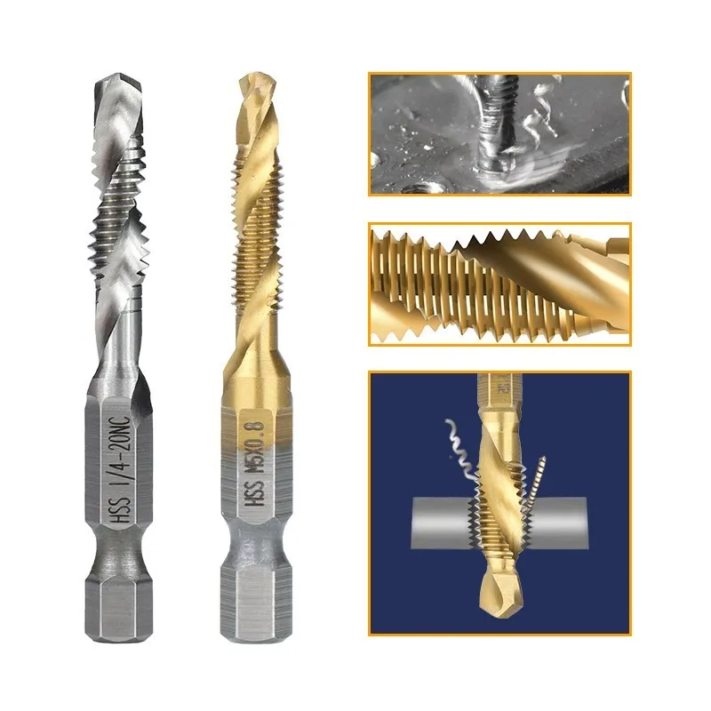 12pcs HSS Screw Thread Tap Drill Bits Set 1/4" Hex Shank Screw Spiral Point Thread Drill Machine Taps With Box Hand Tools