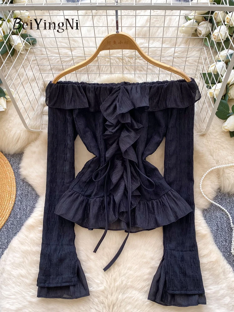 

Женская футболка Beiyingni 2026 весна-лето с длинным рукавом, оборками, шнуровкой, сексуальный вырез, облегающий крой, с открытыми плечами