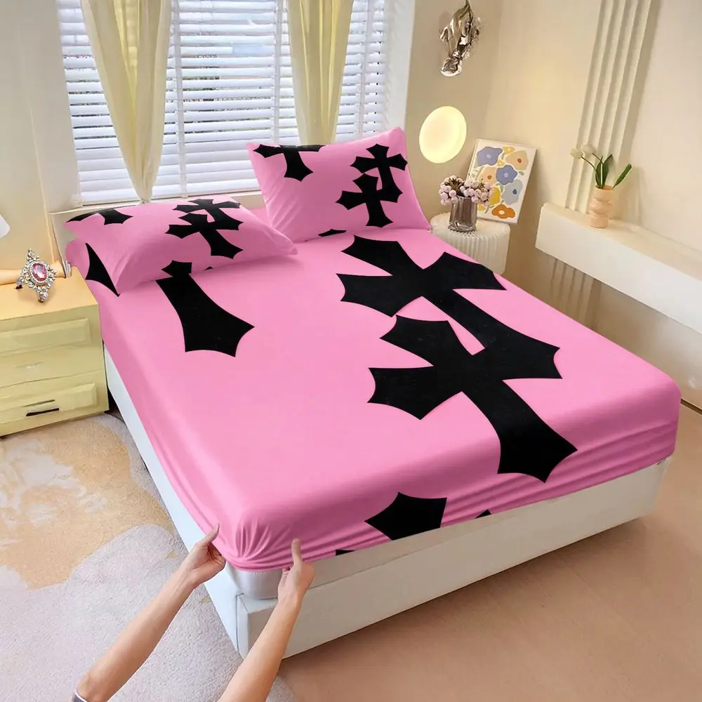 Cross Print Fitted Sheet Set Pink Aesthetic Bed Sheet Set Digital Printed Bedding Soft Elastic Fabric for Home Dorm Decor
