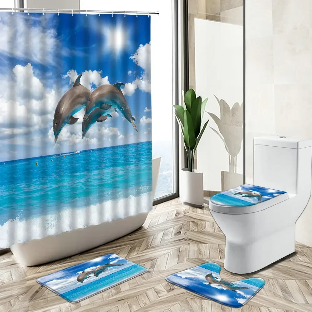 Dolphin Animal Shower Curtain Tropical Fish Blue Ocean World Design Bathroom Decor Non-Slip Rug Toilet Lid Cover Bath Mat Set