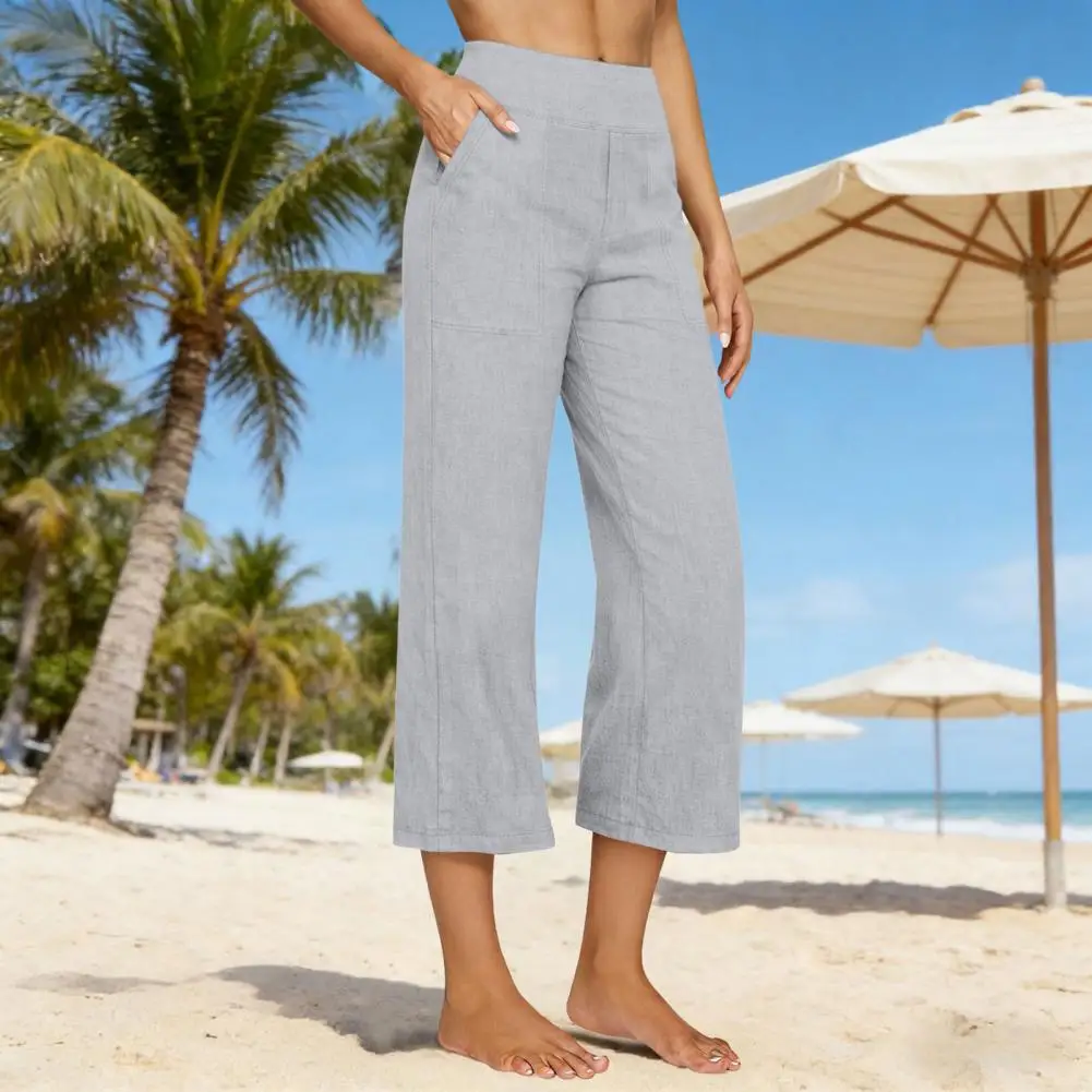 

Stretchy Tummy Control Pants Lightweight Summer Trousers Women’s High Waisted Cropped Pants Wide Leg Trousers with Pockets